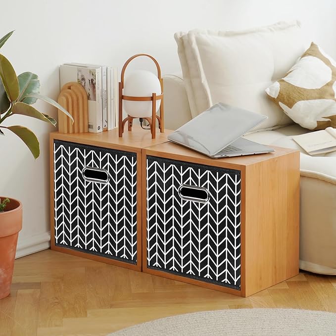 Fabric storage bins Cubes, Fabric Cube Organizer with Handle, Foldable Cube Bins for Cloth or Accessary Storage, 11x11x11, Set of 6, (Black Leaf)