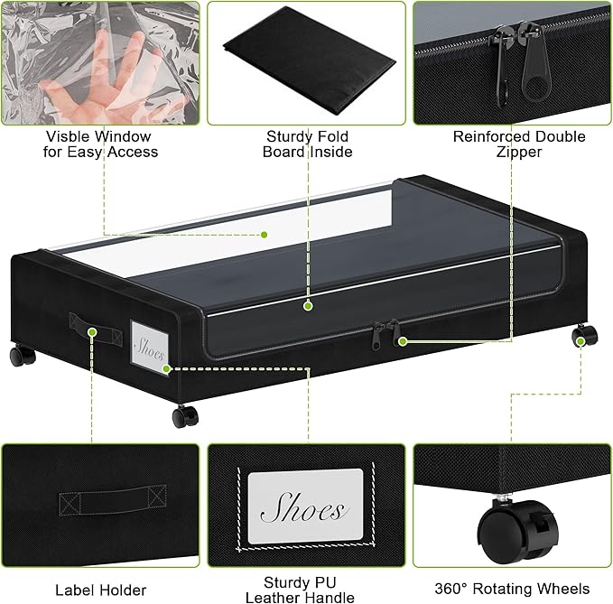 Under Bed Storage with Wheels, XXL 60L Under the Bed Storage Bins, Underbed Storage Containers with Lids & Label, Rolling Metal Drawer for Shoes, Clothes, Books, Toys (4-Pack Black)