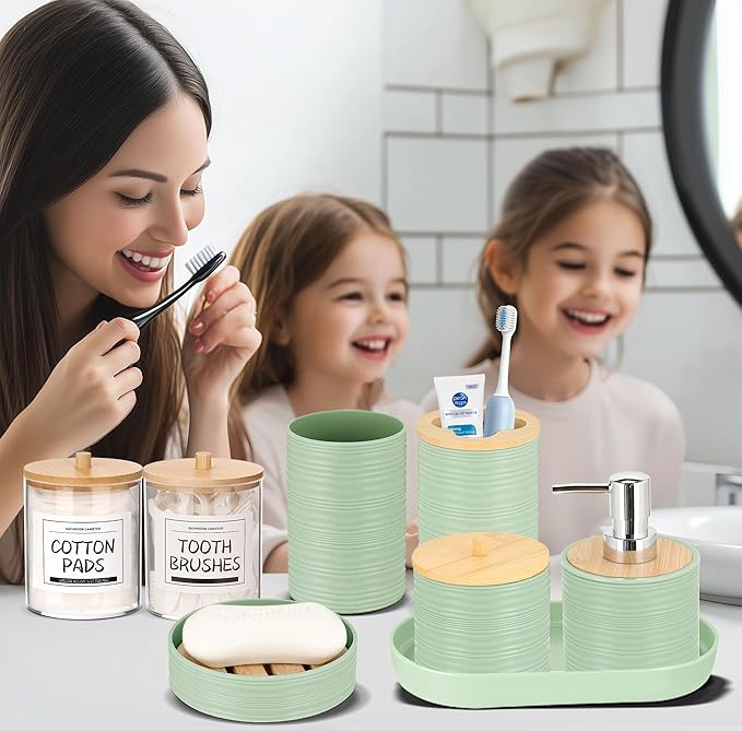 IMAVO Bathroom Accessory Set-11Pcs Green Bathroom Accessories Set with Trash Can,Soap Dispenser,Soap Dish,Toothbrush Holder,Toothbrush Cup,Toilet Brush Holder,Qtip Holder Dispenser with Labels