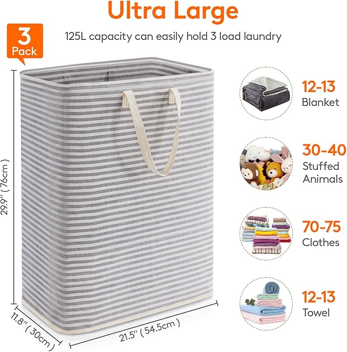 Lifewit 3 Pack Laundry Hamper Large Collapsible Laundry Baskets, Freestanding Waterproof Clothes Hamper with Easy Carry Handles in Laundry Room Bedroom Bathroom College Dorm, Grey, 3 x 125L