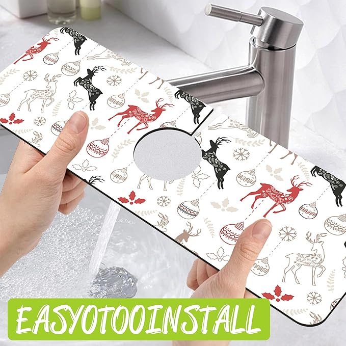 Chrismas Sink Splash Guard Faucet Mat Christmas Absorbent Fast Drying Mat Sink Gadgets Splash Guard Behind Faucet Drip Catcher for Kitchen Bathroom 15.5"X5.5"