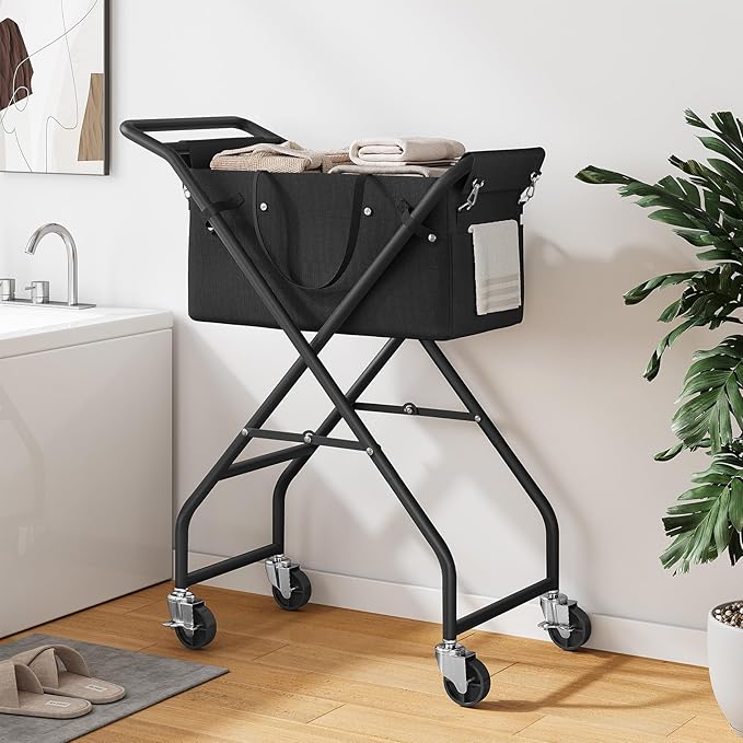 No-Bend Laundry Cart- Rolling Hamper with Locking Wheels & Handle, Foldable Basket Screw-Free Assembly, Durable Metal Frame & Removable Liner Bag for Bedroom & Bathroom (Black)
