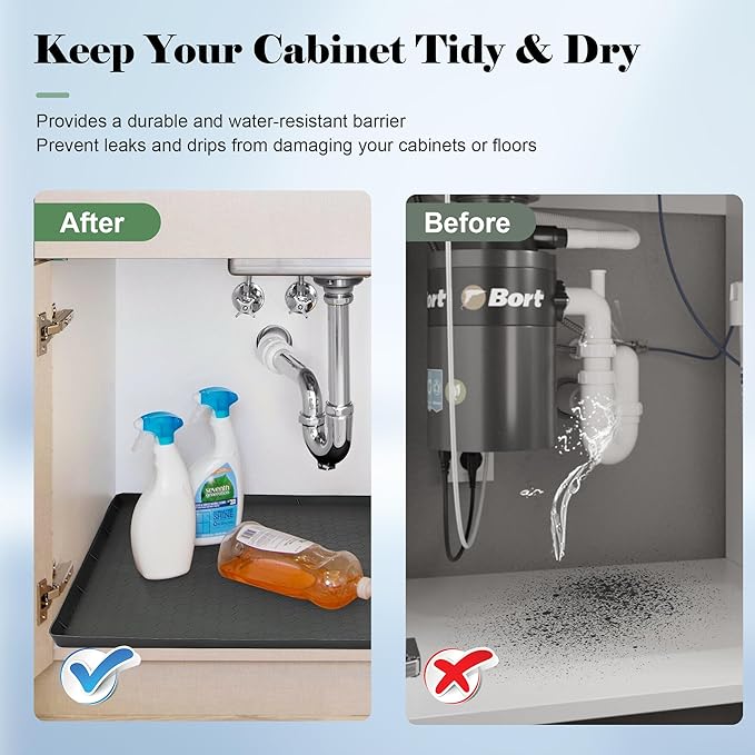 28"x19" Silicone Under Sink Mat for Bathroom/Kitchen Cabinet Organizer Mat | Leak-Proof Waterproof Liner Pad & Anti-Spill Tray | 0.7in Edge Barrier, 3.5Gal Capacity