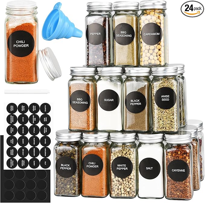 DkOvn 24pcs Glass Spice Jars, 4oz Empty Spice Jars with Metal Caps, Labels, Shaker Lids, Collapsible Funnel, Chalk Pen, Seasoning Organizer for Spice Rack