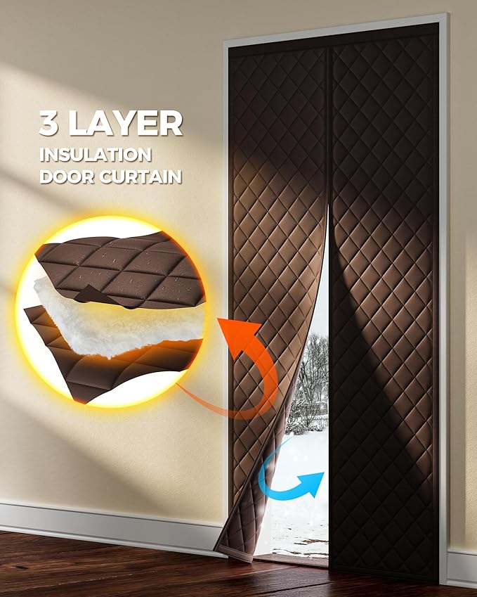 Magnetic Thermal Insulated Door Curtain Fits Door Size 38 x 83 Inch, Insulation Cover for Cold, Oxford Cloth Thicken Cotton Filled Blanket for Front Back Attic Door in Winter, Brown