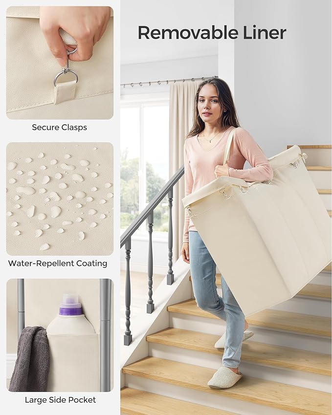 SONGMICS Laundry Basket with Wheels, 3-Section Rolling Laundry Hamper, 52.8 Gallons (200 L), Removable Liner, Steel Frame with Handle, 35.8 x 15.4 x 31.9 Inches, Cream White URLS005W01