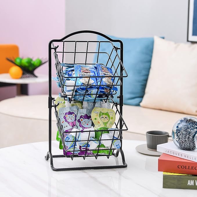 Wetheny 2 Tier Iron Fruit Basket Fruit Bowl for Kitchen Counter,Bread,Fruit and Vegetable Holder Storage Basket,Wire Hanging Basket stand for Kitchen Organizer, Matte Black
