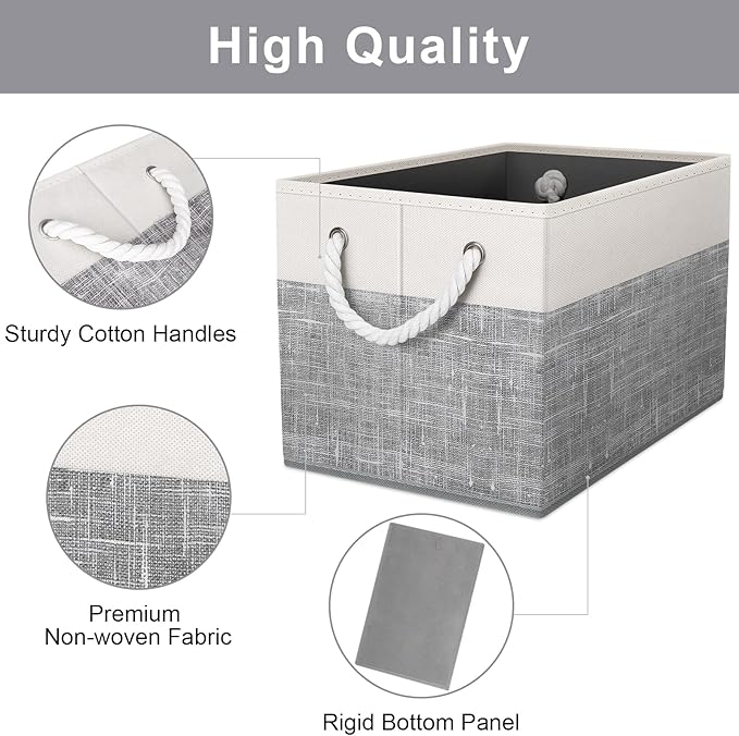 Fab totes Storage Bins [4-Pack], Foldable Storage Baskets for Organizing Toys, Books, Shelves, Closet, Large Storage Box with Rope Handles, Sturdy Organizer Bins, White & Grey