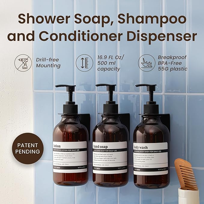MaisoNovo Shampoo and Conditioner Dispenser - Shower Soap Dispenser Wall Mounted - 16.9 fl oz Set of 3 Amber Plastic Bottles Black Pump - 3 Chamber No Drill