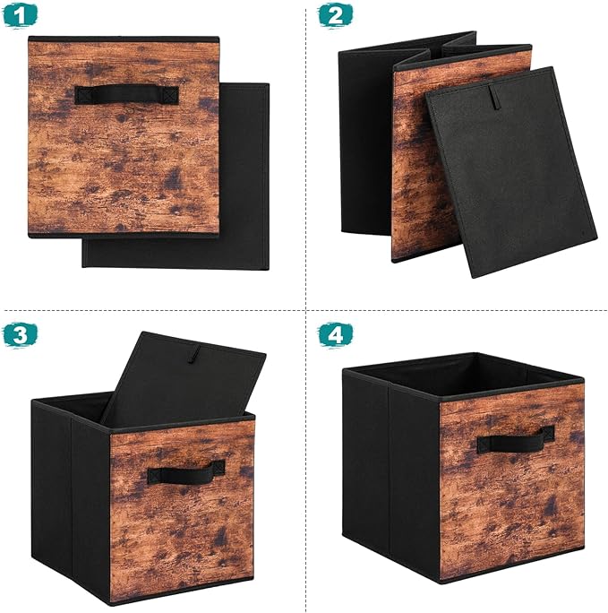 Stero Fabric Storage Cubes, 8 Pack Foldable Storage Bins with Handle, 11 InchBox for Shelves, Closet, Organizer, Rustic Brown and Black
