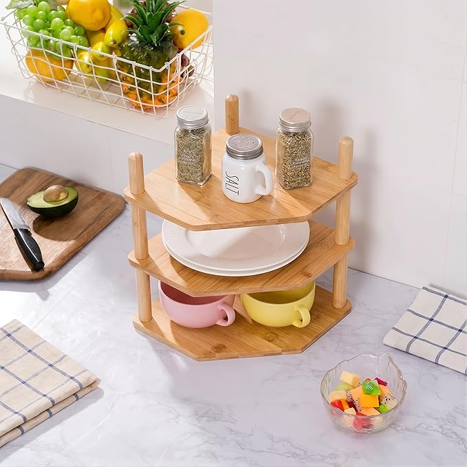 3 Tier Expandable Bamboo Corner Shelf - Dish/Plate Organizer for Cabinet, Kitchen Counter Shelf & Small Kitchen Shelf, Adjustable (1, 3Tier-3.9" H)