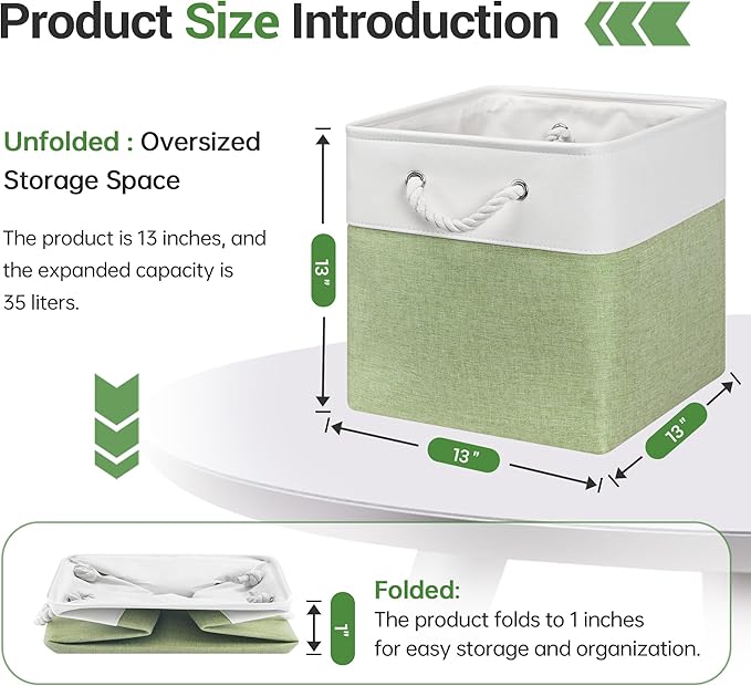13x13 Inch Cube Storage Bins with Reinforced Bottom Cardboard, 6 Pack Large Foldable Fabric Storage Cubes with Handles for Shelf, Closet, Laundry Organization (White&Green)