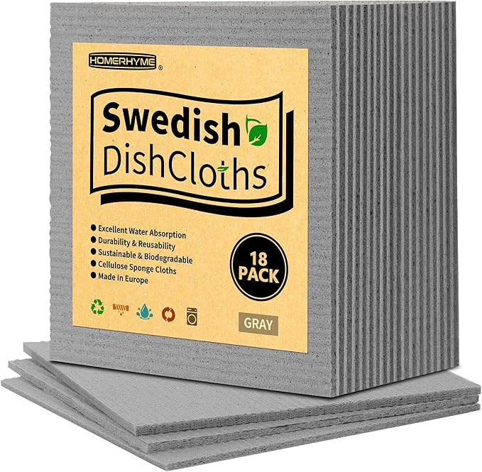 HOMERHYME Swedish Dishcloths, 18 Pack Absorbent Dish Towels for Kitchen, Multipurpose Cellulose Sponge Cloths, Reusable Washable Towels for Home & Kitchen, Grey