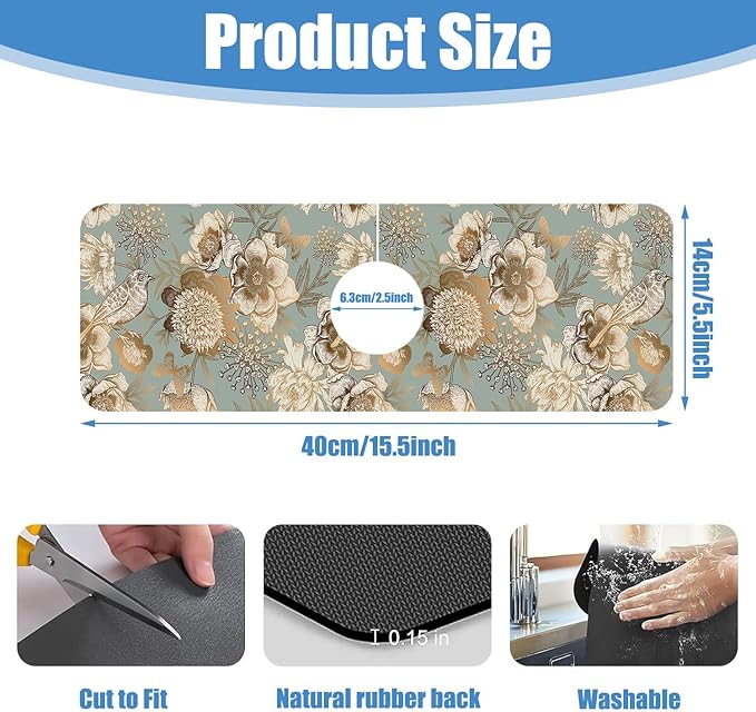 Sink Splash Guard Faucet Mat Peonies Bird and Butterflies Absorbent Fast Drying Mat Sink Gadgets Splash Guard Behind Faucet Drip Catcher for Kitchen Bathroom 15.5"X5.5"