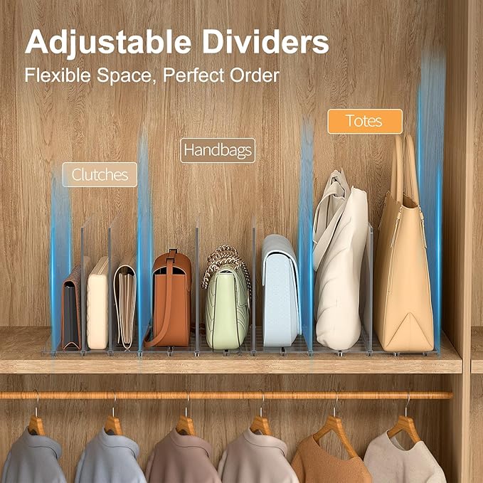 Bag & Purse Organizer for Closet: Adjustable Clear Handbag Storage Shelf - Plastic Clutch Dividers for Closet Organizers and Storage - Keep Carteras & Pocketbook Upright