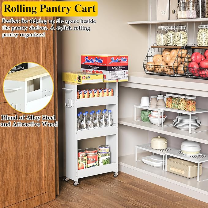 Utility Slim Storage Cart, 4-Tier Narrow Laundry Room Bathroom Organizers and Storage Cart, Metal Pantry Kitchen Organization Shelf with Wood Top, Slim Rolling Rack with Wheels for Small Space