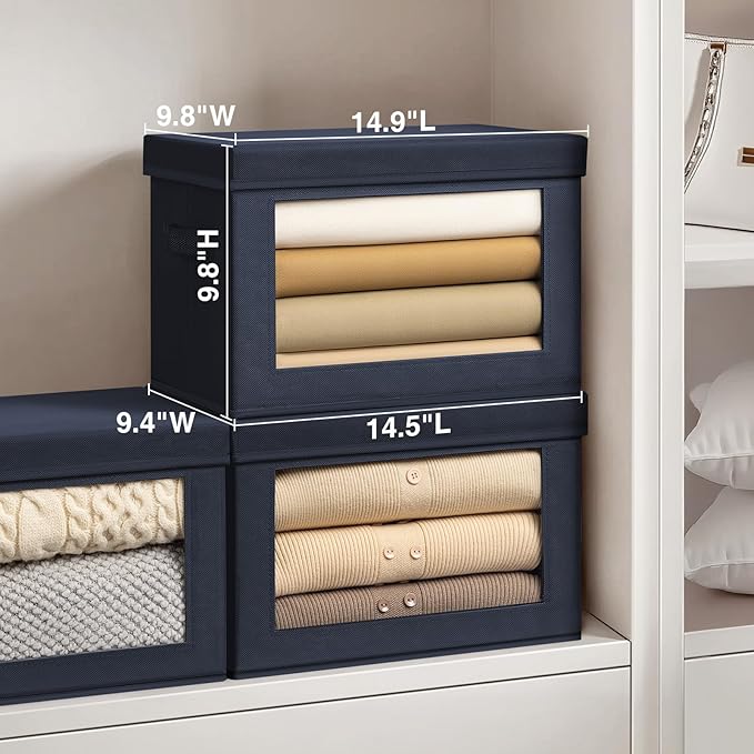 Foldable Storage Boxes with Lids - Decorative Storage Boxes with Clear Window, Fabric Storage Baskets for Organizing, Closet Storage for Clothes, Yarn, Home, Navy Blue, 4-Pack