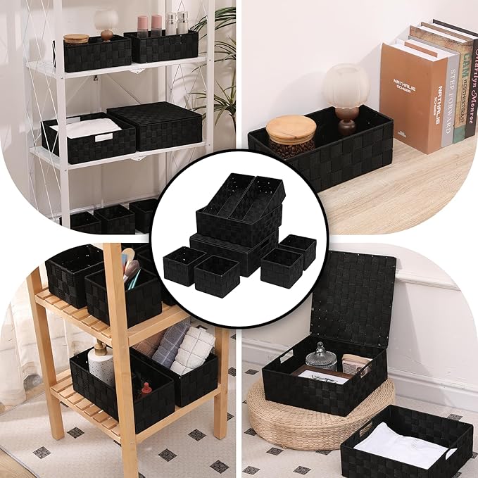Woven Storage Bins with Lids, Set of 8, Polypropylene Storage Baskets with Metal Frame, Stackable Fabric Boxes for Drawers, Closet, Shelf, Nursery and Office, Black