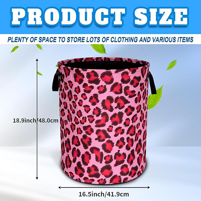 Pink Leopard Laundry Basket Oxford Cloth Funny Cheetah Skin Laundry Hamper With Handle Foldable Portable Clothes Storage Basket 18.9 X 16.5 In Storage Bag For Laundry Room/Bathroom/Bedroom/Dormitories