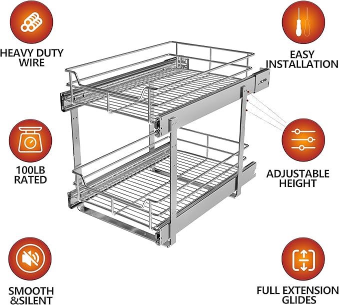 JOWBOOW (23" W x 22" D Cabinet Pull Out Shelves, 2-Tier | Heavy Duty Kitchen Pull Out Shelves for Wide Cabinets, 22 Inch Deep Sliding Cabinet Organizer