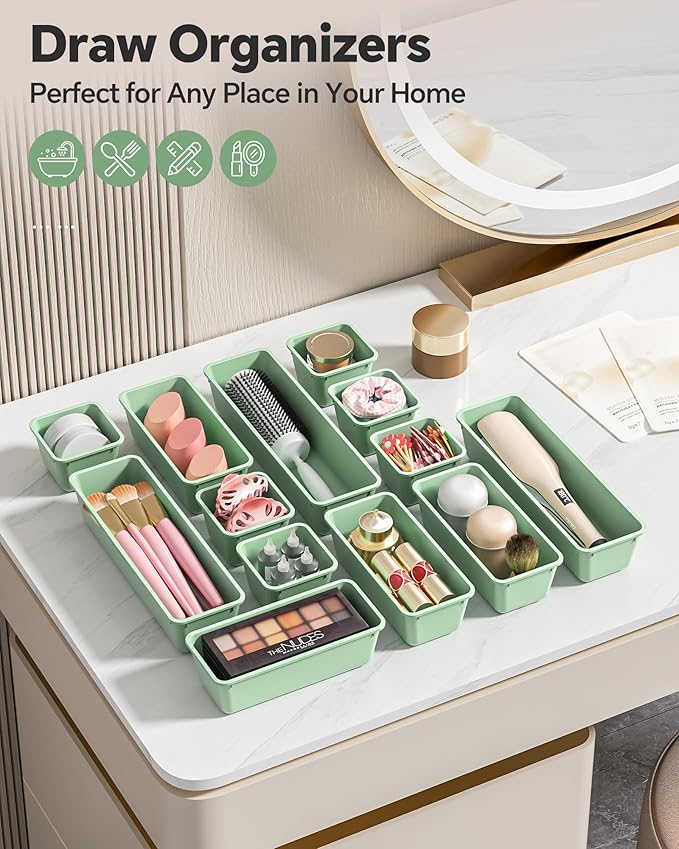13 Pack Plastic Drawer Organizers Set, 3 Sizes Desk Drawer Organizer Trays for Vanity and Makeup Organizer, Organization and Storage for Makeup, Kitchen Utensils, Bathroom and Office(Green)