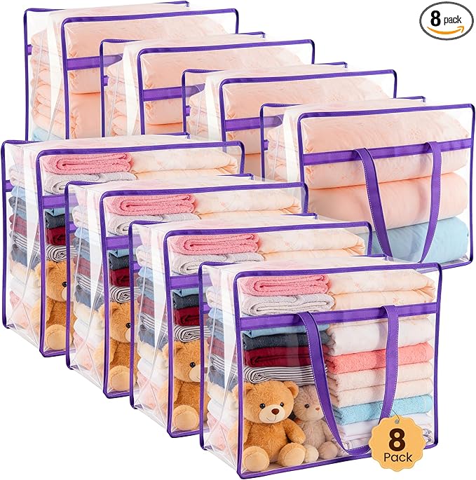 8 Pack Clear Clothes Storage Bags, Double Zipper Design 40L Underbed Moving Bags for Blankets and Clothes, Large Capacity Closet Organizers and Storage for Dormitory, Bedroom, Closet-Purple