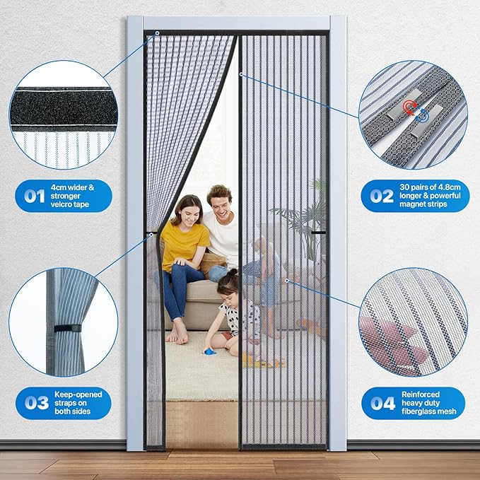Heavy Duty Door Screen Magnetic Closure, LOVIGA Thickened Fiberglass Screen Door Mesh, Self Sealing, Tear Resistant, Easy Assemble, Fine Mesh Keep Bugs Out Fit Door Size 30 Inch X 82 Inch Black