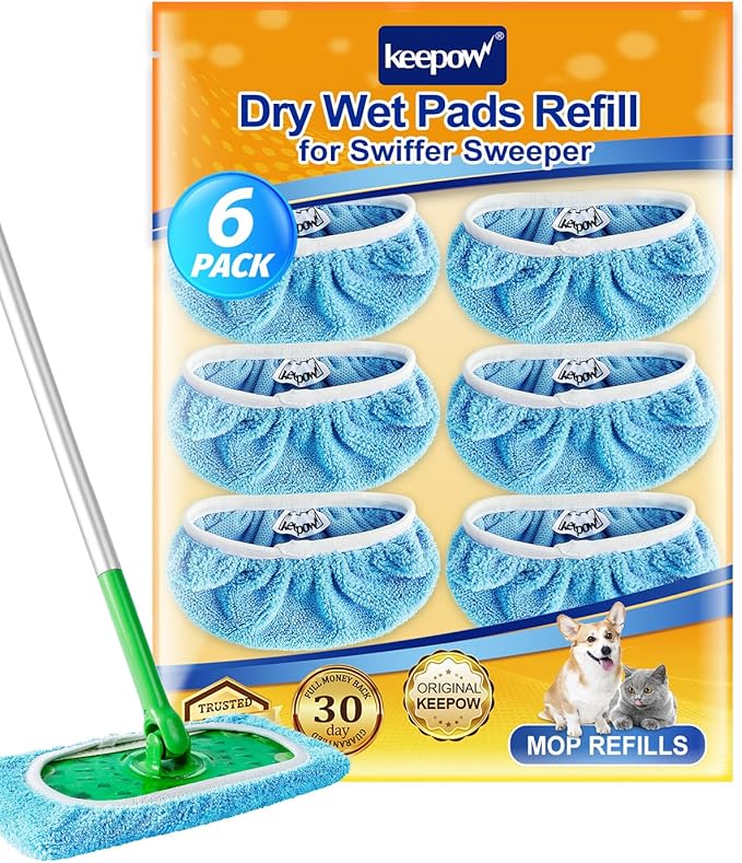 KEEPOW Reusable Dry Sweeping Cloths Microfiber Wet Pads Refill Compatible with Swiffer Sweeper Mop, Machine Washable Sweeping Mop Pads for Use on All Floors - Stone, Hardwood, Laminate & Tile (6 Blue)