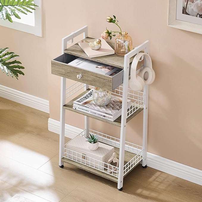 3-Tier Ladder Shelf with Drawer, Bathroom Table Stand for Small Space, Standing Bathroom Shelves with Storage for Living Room Kitchen Bedroom, Organizer Shelf, White