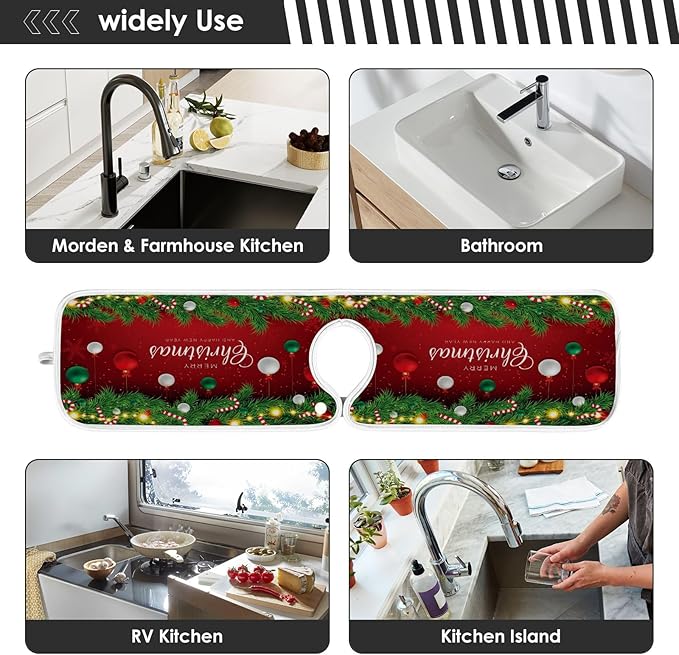 2 Pack Sink Splash Guard Christmas Kitchen Faucet Branches and Balls Absorbent Sink Mat for Faucet Kitchen Guard Drip Catcher Drying Mat for Farmhouse Barthroom Bar,S