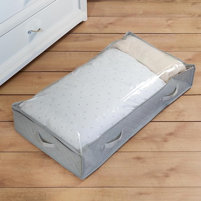 Honey-Can-Do 3-Pack Under Bed Fabric Storage Container Bags For Clothes & Blankets with Window and Handles, 34 x 17.9 x 5.9 Inches, Grey