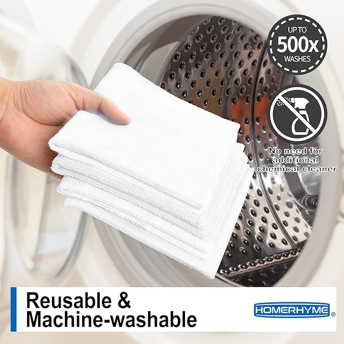 HOMERHYME Microfiber Cleaning Cloth, 12 Pack White Cleaning Rags,12" X 11" Lint Free Dish Towels Wash Cloths, Reusable Microfiber Towels for Home and Kitchen Bathroom Apartment Cleaning Supplies