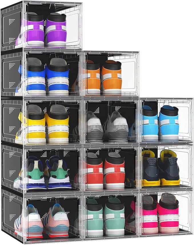 MCIJRJOI 10 Pack Hard Sturdy Thickened Rigid XX Large Shoe Storage Organizer for Closet, Clear Stackable Sneaker Shoe Boxes Rack Containers Display Case Bins with Lids, Black Clear02