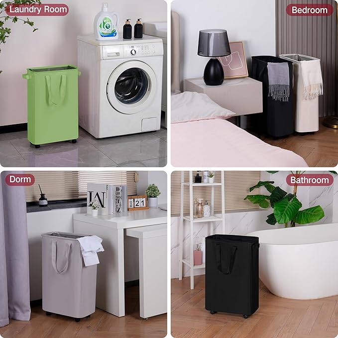 efluky Slim Laundry Hamper with Wheels, Rolling Laundry Basket for Clothes, Small Laundry Basket for Bedroom, Dorm and Laundry Room, 60L (12.7 Gallons) Green