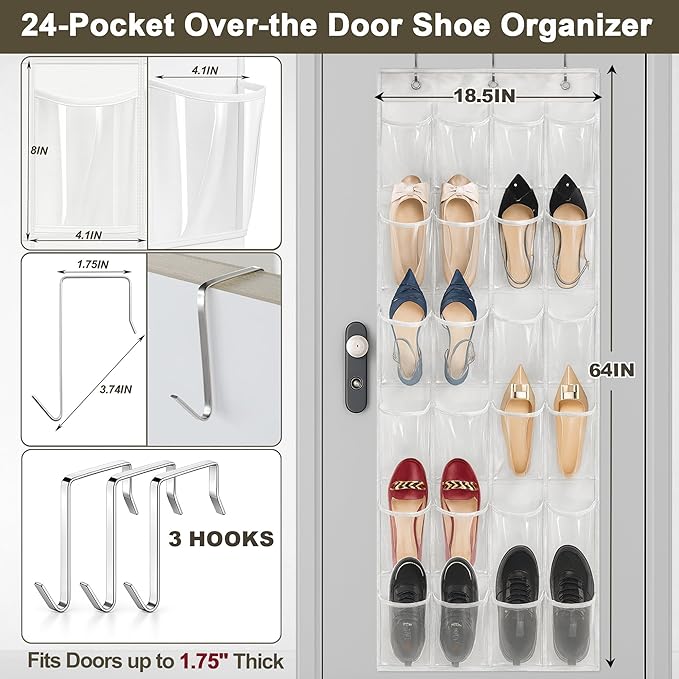 Over The Door Shoe Organizer with 24 Crystal Clear Pockets and Metal Hooks – Heavy Duty Hanging Shoe Storage Rack for Closet, Bathroom, Dorm – Space Saving for Shoes, Accessories, Toys (White)