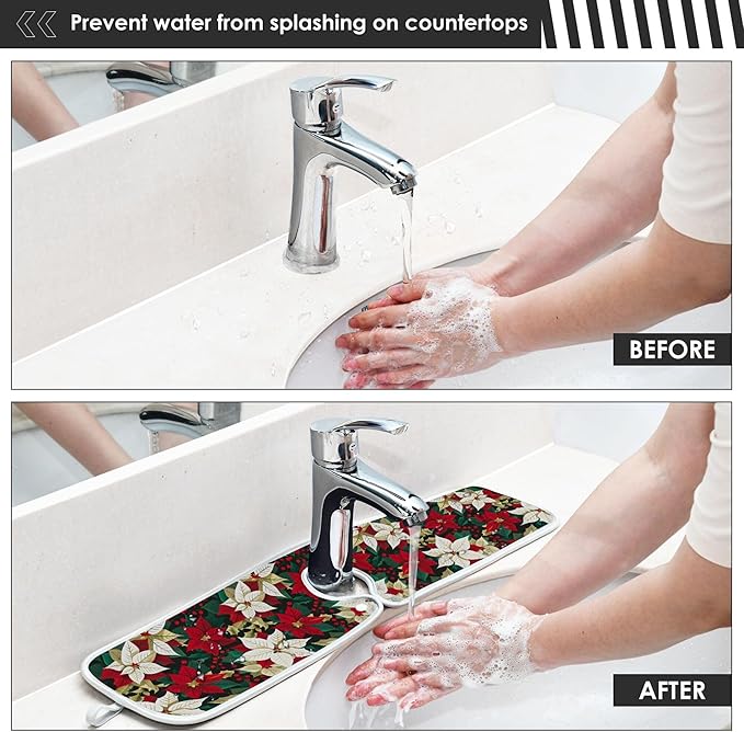 2 Pack Faucet Splash Catcher White Red Poinsettia Red Polka Dots Sink Mat for Faucet Absorbent Kitchen Splash Guard Drip Catcher for Farmhouse Barthroom Bar, M