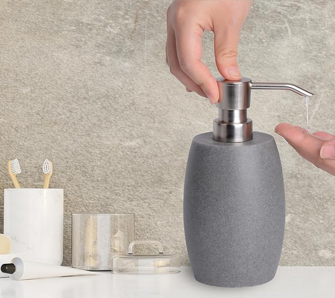 Sandstone Textured Resin Soap Dispenser with Metallic Pump and Waterproof Bottle Labels for Bathroom Kitchen Dish Hand Wash Shower Lotion Shampoo, 12 Oz, Gray