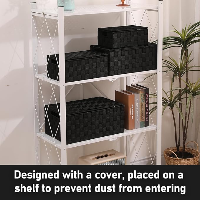 Storage Bins Woven Organizer with Lids Set of 4 – Polypropylene Storage Baskets with Metal Frame, Stackable Fabric Boxes for Drawers, Closet, Shelf, Nursery and Office, Black