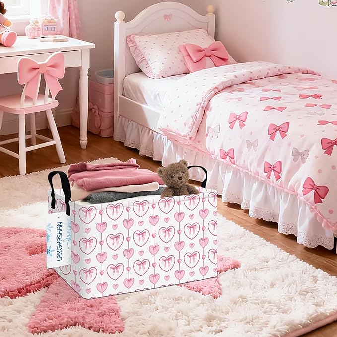 LANGYASHAN Rectangular Storage Bin Collapse Canvas Fabric Cartoon Storage Basket with Handles for Organizing Home Kitchen Boys and Girls Toys Office Closet Shelf Baskets (Rec Pearl Heart)