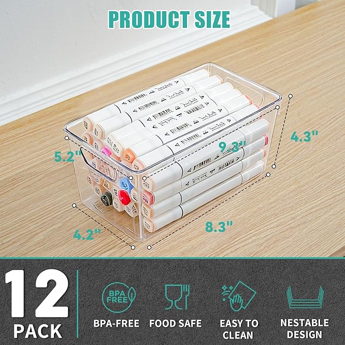 12 Pack Clear Plastic Storage Bins, Multi-Use Small Acrylic Arts and Craft Storage Containers, Clear Craft Organizer Bins with Handles for Art Supplies, Office, Pantry, Kitchen