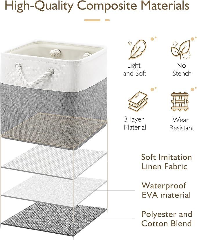 11 Inch Cube Storage Bins, 4 Pack Fabric Storage Cubes with Rope Handles, Organizer Baskets for Closet Shelves, Clothes and Home Organization(White/Gray)
