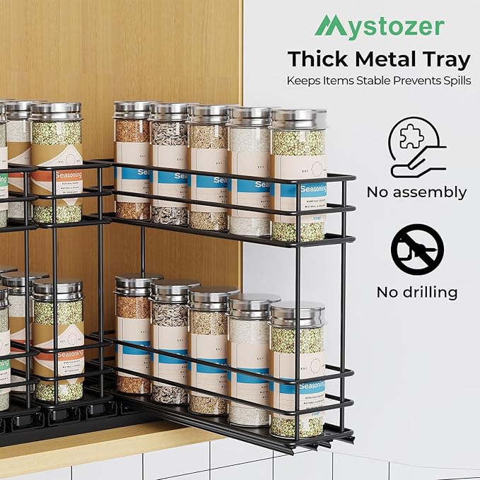 Pull Out Spice Rack Organizer for Cabinet, Slide Out Spice Racks, Easy to Install Spice Cabinet Organizers, 7.4" Wx10.43 Dx8.26 H, 3 Drawers 2 Tiers(Black)