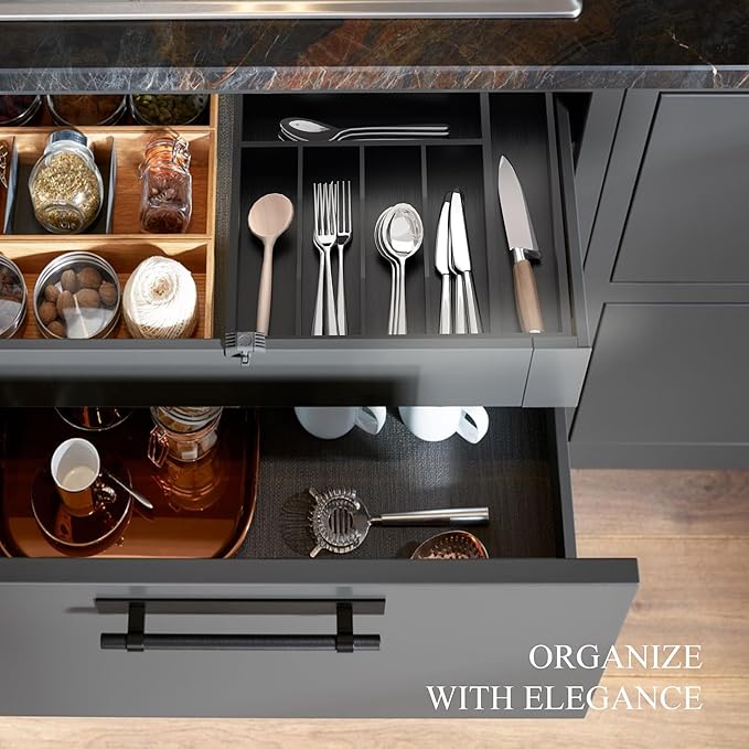 Bamboo Silverware Organizer, Kitchen Drawer Organizer, Utensil Holder, Cutlery Tray & Spoon Flatware Storage with Grooved Drawer Dividers (7 Slots, Black)
