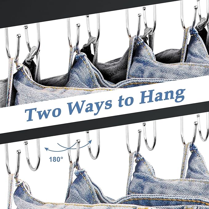 Jean Hangers for Closet, 14 Wood Jeans Hooks Space Saving, 180° Rotating Jean Hangers for Skirts/Shorts/Belts/Ties, Closet Organizers and Storage, Pants Hooks for Jeans, 2 Pack, Black