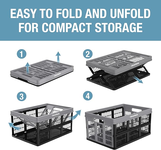 CleverMade Collapsible Utility Crates - Stone 3 Pack 45L / 11 Gal Holds 66 lbs - Stackable Containers Heavy Duty Capacity Crates-Space-Saving Baskets