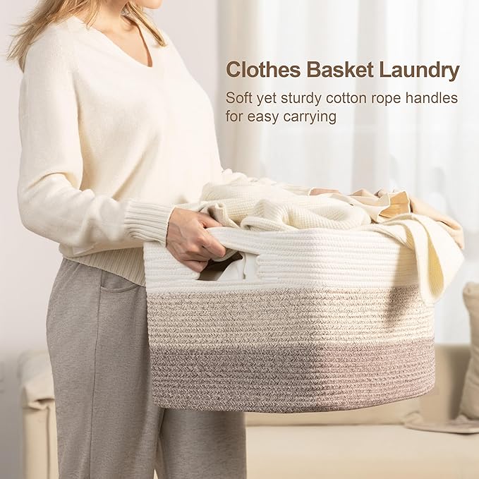 45L Small Laundry Basket with Leather Handles for Living Room Storage, Woven Rope Baskets Bin for Blanket, Kids Toy, Gifts, Wicker Hamper for Bedroom Dirty Clothes, 18"x14"x11" Gradient Brown