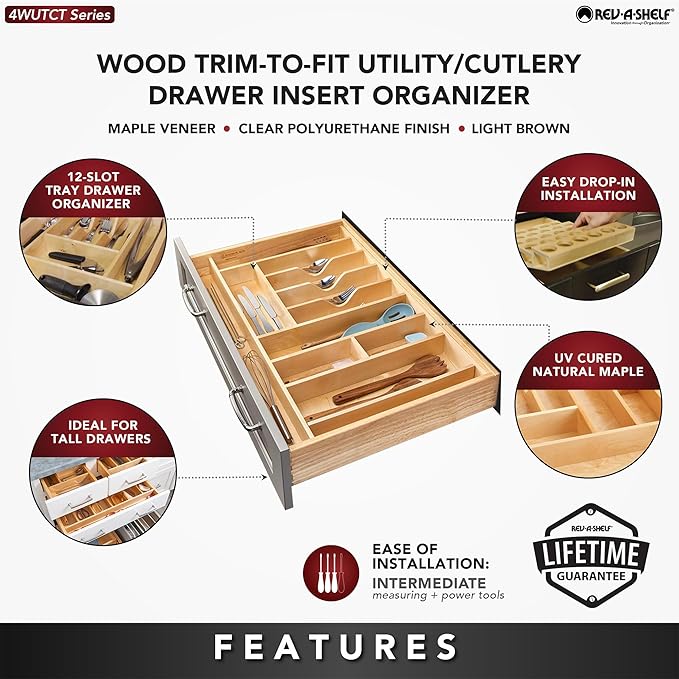 Rev-A-Shelf Wood Trim-to-Fit Utensil Drawer Insert Organizer, 33" x 22" - Spoons, Forks, Silverware, and Cutlery Drop-In Storage Tray for Kitchen Cabinet Organization, 4WUTCT-36-1