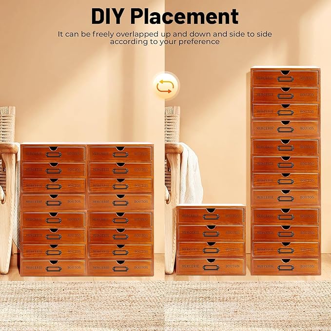 Vintage Wooden Drawer Organizer with 16 Drawers, 4-Tier Stackable Desktop Storage Box for Office, Home, Craft Supplies – Compact Space-Saving Design, Sturdy Pine Wood Construction, Built-In Label