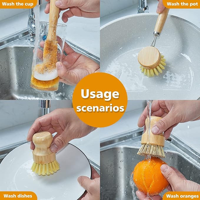 Bamboo Dish Brushes Sets 4 Tools in One Kitchen Clean Dish Scrubber for Pots Pans Bottles with Natural Bristles (Bamboo Brushes Sets)