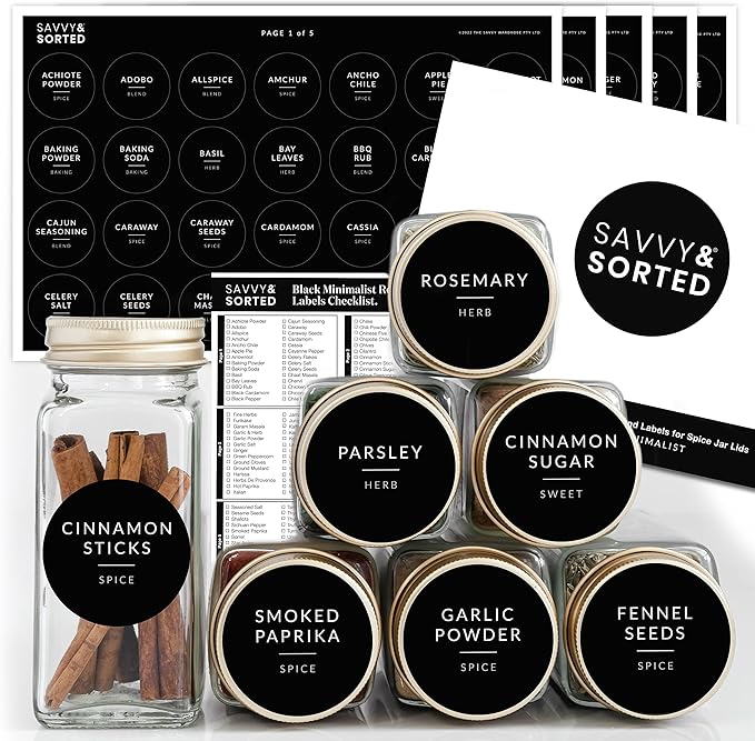 SAVVY & SORTED Spice Labels, 140 Round Waterproof Kitchen Labels for Spice Jars, Spice Organization, Herb Seasoning Pantry Labels, Spice Rack
